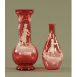 A Victorian Mary Gregory glass vase, girl with basket and a club shaped vase similar.