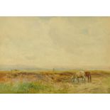 Claude Hayes (1852-1922), watercolour, moorland scene, probably Exmoor with ponies to foreground.
