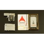 A vintage Corona gun lighter, a boxed Zippo lighter and another petrol lighter.