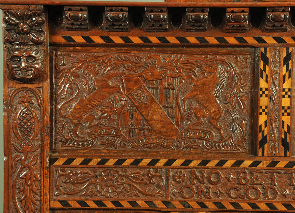 A Victorian carved oak settle, decorated with floral, armorial and religious panels, - Image 3 of 15