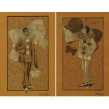 Mag Barrois a pair of 1920's ink and wash drawings of clowns, each image 25.