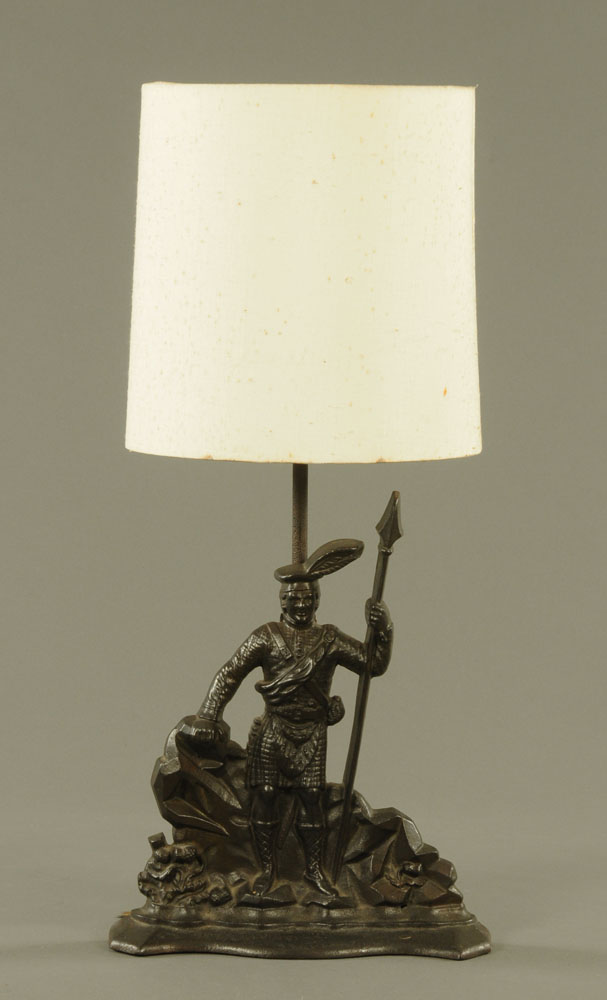 A Victorian cast iron lamp modelled as Bonnie Prince Charlie, now converted to electricity,