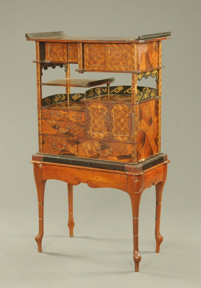 A Japanese parquetry and lacquered tabletop cabinet, raised on a later stand. - Image 3 of 15