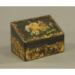 A Victorian papier mache stationery box, with angled lid,