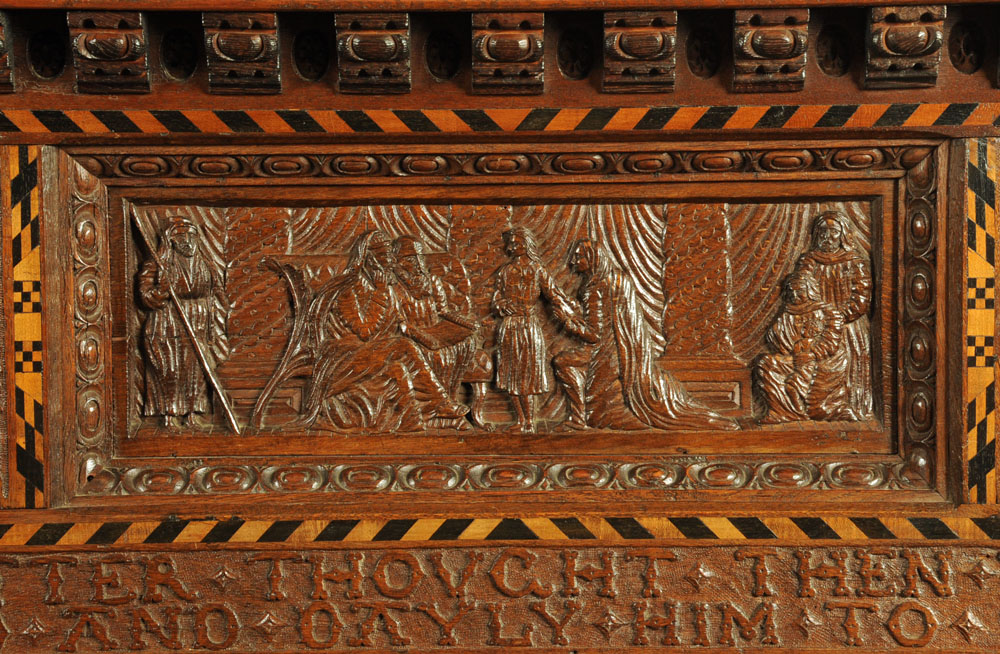 A Victorian carved oak settle, decorated with floral, armorial and religious panels, - Image 2 of 15