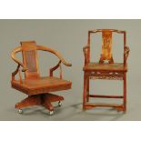A Chinese stained wooden armchair and swivel chair.