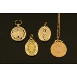 A Victorian gold plated back and front locket with chain, and three others.