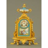 A 19th century French ormolu and porcelain panelled mantle clock,