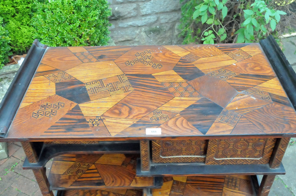 A Japanese parquetry and lacquered tabletop cabinet, raised on a later stand. - Image 11 of 15