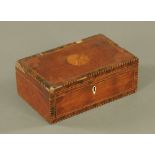 A 19th century figured mahogany work box, inlaid with fan motifs, boxwood and checkered stringing,