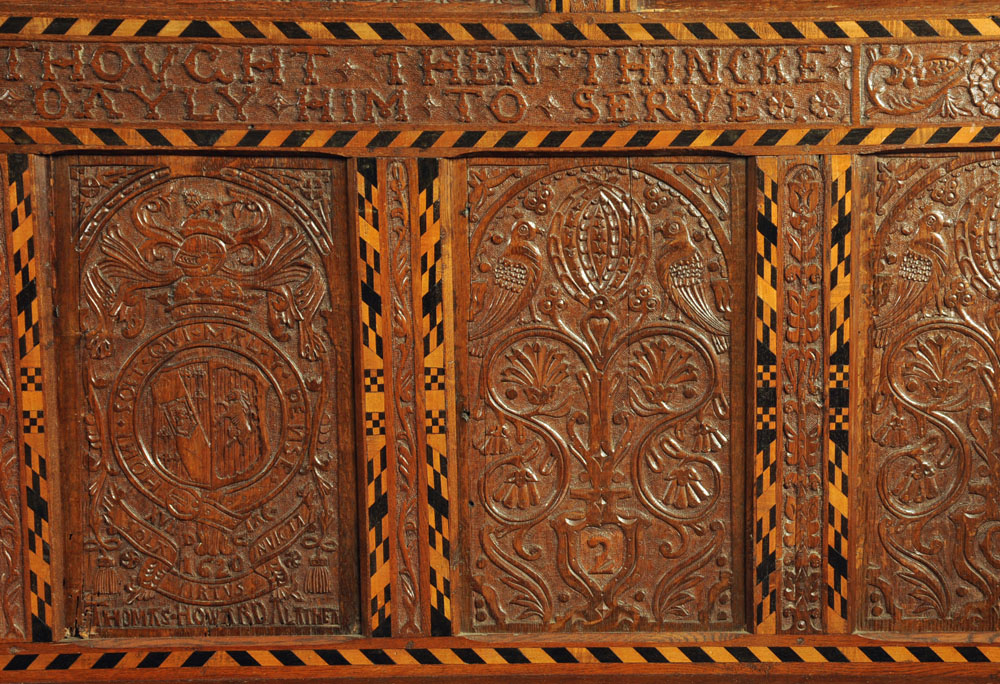 A Victorian carved oak settle, decorated with floral, armorial and religious panels, - Image 6 of 15