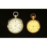 A JG Graves Waltham silver key wind pocket watch, together with a gold plated Waltham pocket watch.