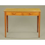 An Edwardian mahogany two drawer side table, with material covered top. 79 cm x 108 cm x 53 cm.
