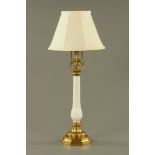 A Victorian brass and white opaque glass table oil lamp,