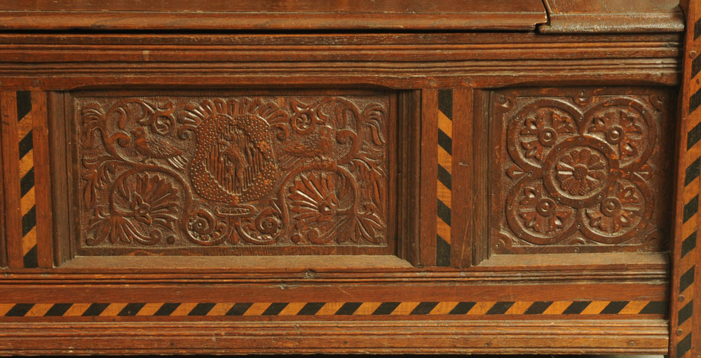 A Victorian carved oak settle, decorated with floral, armorial and religious panels, - Image 8 of 15