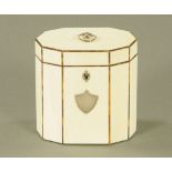 A George III ivory decagonal tea caddy, inlaid with tortoiseshell stringing,