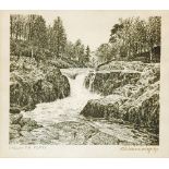 Alfred Wainwright, signed print "Skelwith Force". Image size 15 cm x 17 cm.