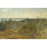 Early 20th century school, Impasto oil painting, Estuary View with pine forest to foreground,