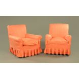 Two Edwardian upholstered armchairs, with salmon pink crushed silk style coverings, 84 cm,