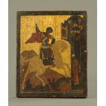 A Russian icon, painted on wood depicting George and the Dragon, 25 cm x 20.5 cm.