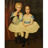 A 19th century oil painting on canvas, primitive portrait of two young girls. 103 cm x 82.