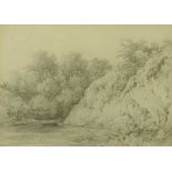 A 19th century pencil drawing, riverbank with trees. 24 cm x 33 cm, framed.