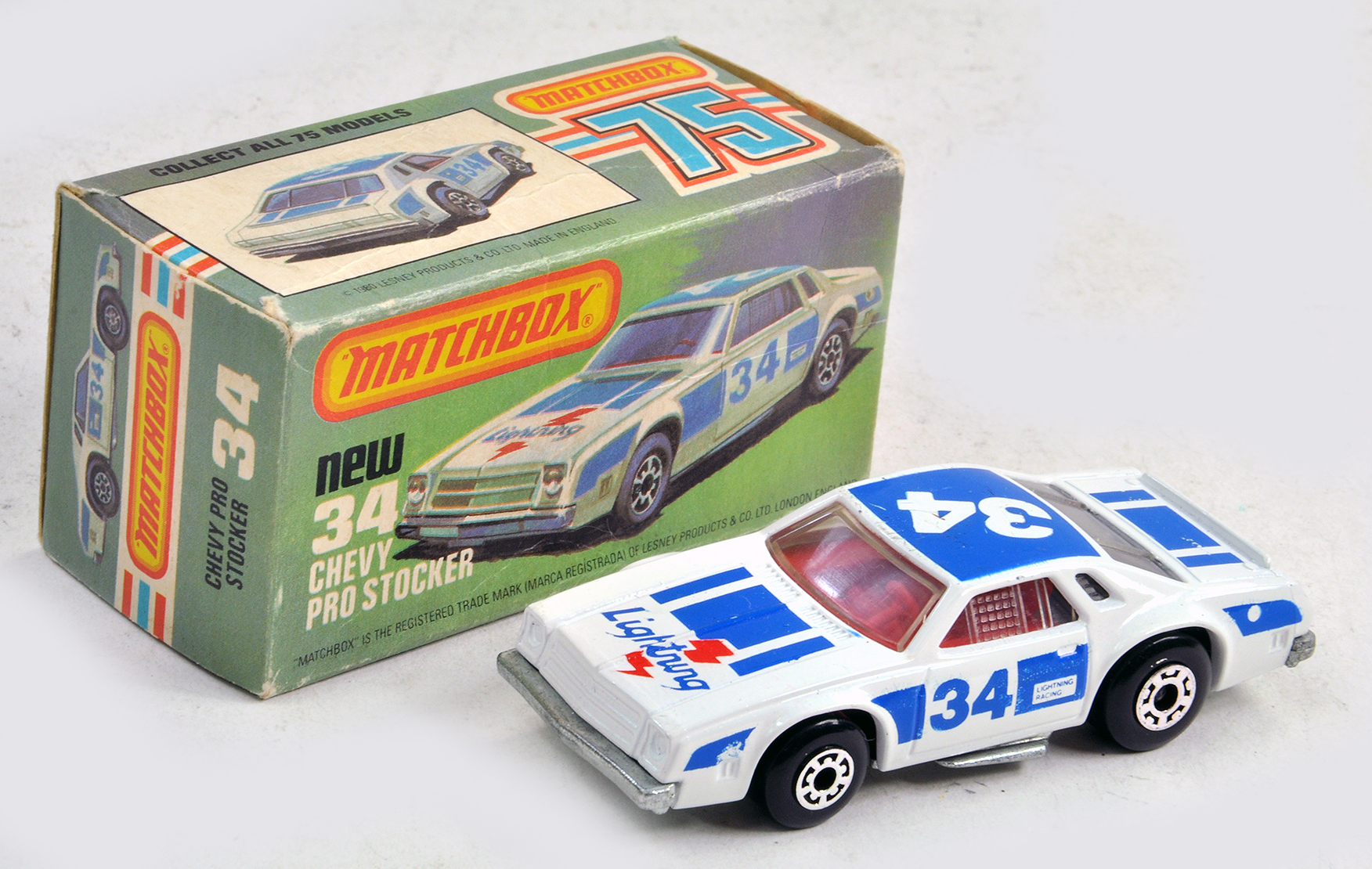 Matchbox Superfast No. 34c Chevy Pro Stocker. Appears excellent with very good to excellent box.
