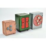 Trio of 'safe' vintage money box issues comprising Vintage 1930’s Tinplate Novelty Safe Shaped