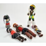 A trio of 3 Vintage Beaded African Folk Dolls made from Cloth and Felt, firm head and body with