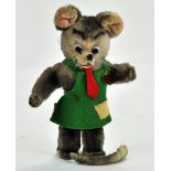 A vintage Berg Rare old Austrian Mohair Mouse, dressed in green felt apron and tie, red enamel and
