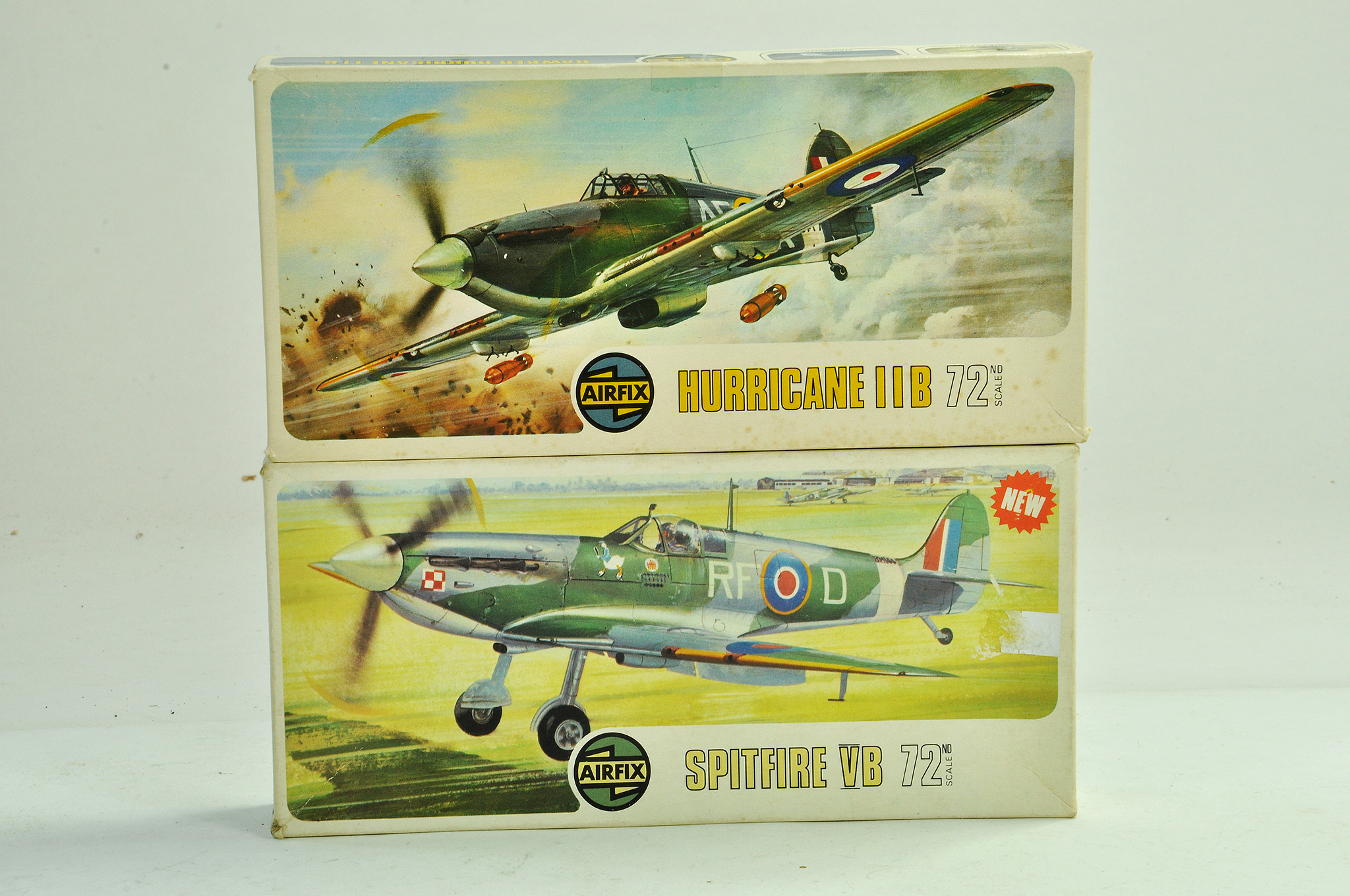 Airfix duo of plastic model aircraft kits comprising 1/72 Hurricane and Spitfire. Both appear