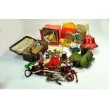 An eclectic group of old toys and related items comprising Song Top, tools, old tins including