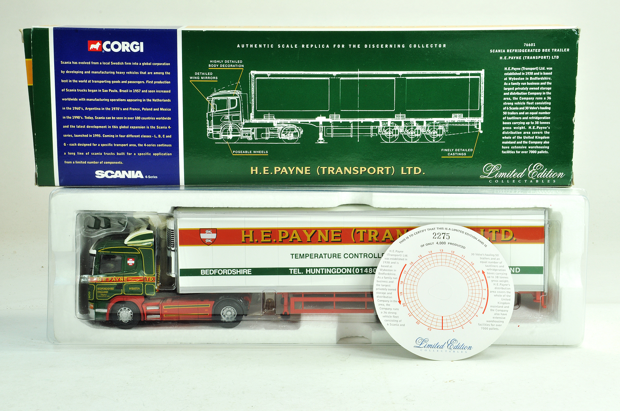 Corgi diecast truck issue comprising 1/50 No. 76601 Scania Fridge Trailer in the livery of HE Payne.