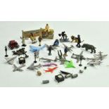 An assortment of plastic and metal figures including miniature plastic aircraft, Corgi accessory