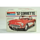 Monogram plastic model kit comprising 1/24 1957 Corvette. Appears complete, box has some storage