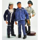 A trio of well preserved vintage Action Men in original uniforms. Present brightly hence generally