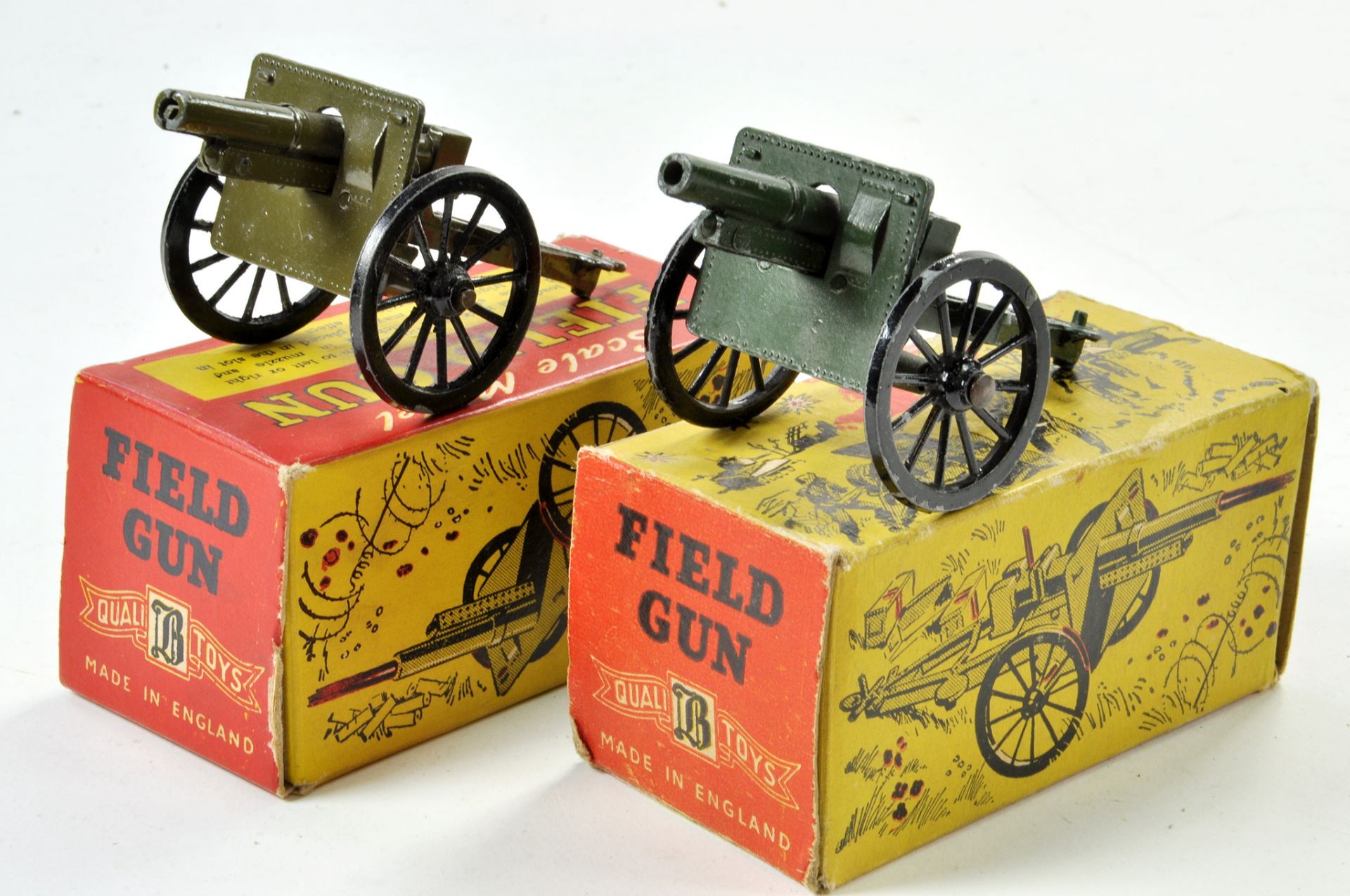 Duo of Benbros Military Field Guns with boxes. Very good to excellent.