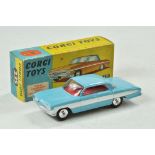 Corgi No. 235 Oldsmobile Super 88. Light blue body with red interior. White side stripe flash.