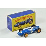 Matchbox Regular wheels No. 52b BRM Racing Car. Blue, with unpainted base, racing number 5, yellow