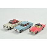 Triang Spot-On trio of worn diecast vehicle issues including Sunbeam Alpine. Generally good with