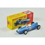 Dinky No. 240 Cooper Racing Car. Blue body, white racing stripe and RN '20'. Spun hubs. White driver