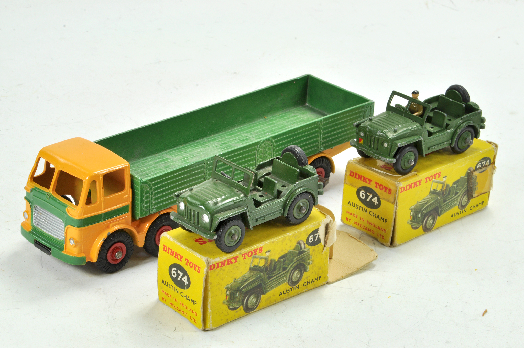 Dinky Leyland Octopus Lorry in Green and Yellow plus duo of Military issues. Generally good to