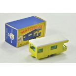 Matchbox Regular wheels No. 23D Trailer Caravan. Yellow body, white canopy, pale green interior