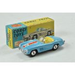 Corgi No. 303S Mercedes-Benz 300 SL. Mid blue body with off-white interior. Smooth hubs. Red