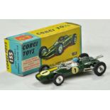 Corgi No. 155 Lotus Climax Racing car. British racing green body, yellow stripe on bonnet. White