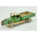Wells Mechanical Wind up tinplate Tipper Truck in green and cream. Good working example has scuffs