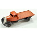 Dinky early issue 25 Series Flat Bed Lorry in Orange / Black with Black Hubs. Very good to