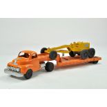 Hubley large Metal Truck and Low Loader in Orange with Scraper Load. Some wear throughout but