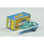 Matchbox Superfast No. 9D Boat and Trailer. White hull, light turquoise deck, blue trailer.