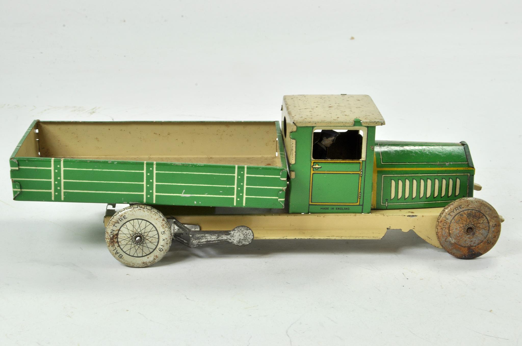 Wells Mechanical Wind up tinplate Tipper Truck in green and cream. Good working example has scuffs - Image 3 of 3